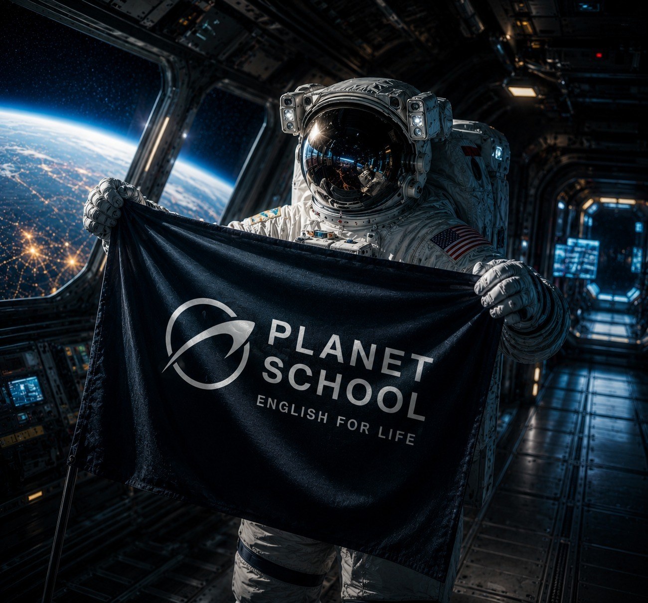 Astronauta segurando a bandeira da Planet School no espaço